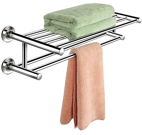 COSTWAY Handtuchablage aus Edelstahl, Handtuchstange Badezimmer, Handtuchhalter Wandmotage, Badetuchstange mit 2 Ablagen und 6 Stangen, Badregal Silber, 60cm