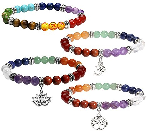 MILAKOO 4 Pz 7 Chakra Yoga Meditazione Guarigione Bilanciamento Braccialetto elasticizzato con perline rotonde con albero della vita Yoga Charm