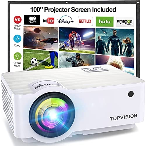 Mini Beamer, Native 720P Heimkino Beamer Unterstützt 1080P Full HD, 7000 Lux Video Beamer mit 300'' Display, 120000 Stunden LED Projektor Kompatibel mit HDMI/USB/SD/AV/VGA