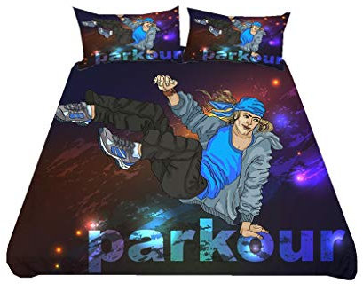 Bettwäsche Set Sportlicher Stil Hip Hop Parkour Schwarz Leuchtendes Grün Blau Lila Bettbezug mit Reißverschluss, Polyester Kind Junge Teenager (Stil 2,Bettbezug 135x200 cm + 1 Kissenbezug 80x80 cm)