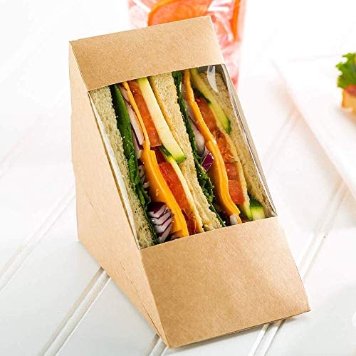 50 PCS Sandwich Wedge Box, Kraft Paper Sandwich Take Out containers - Triangle Sandwich Box with Window,Triangular Baking Packaging Box Sandwich Packaging Box (12x6.5cm)