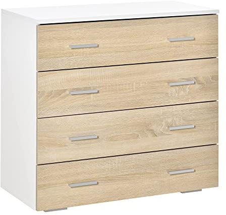 HOMCOM Cómoda con 4 Cajones Cajonera Auxiliar de Almacenaje Moderna para Dormitorio Pasillo Sala de Estar 76x35x72 cm Acabado en Color Roble y Blanco