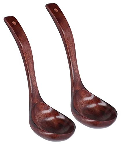 2Pcs Wooden Ladle, Kitchen Long Handle Ladle Cooking Serving Ladle Large Chinese Soup Spoons with Hanging Hole for Home(L)