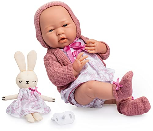 JC TOYS- Muñeca La Newborn recién Nacida de 38 cm, de Vinilo Suave, colección Royal, Ropa con Dibujo Toile de jouy, Chupete y Peluche, niña, Rosa, diseñada en España por Berenguer, 2 años