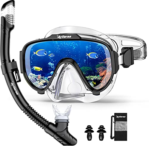 Arlierss Taucherbrille Erwachsene, Schnorchelmaske für Herren Damen, Tauchermaske mit Nasenabdeckung 180°Panorama HD Gehärtetes Glas Anti Nebel Anti-Leck Schwimmmaske für Schnorcheln Schwimmen