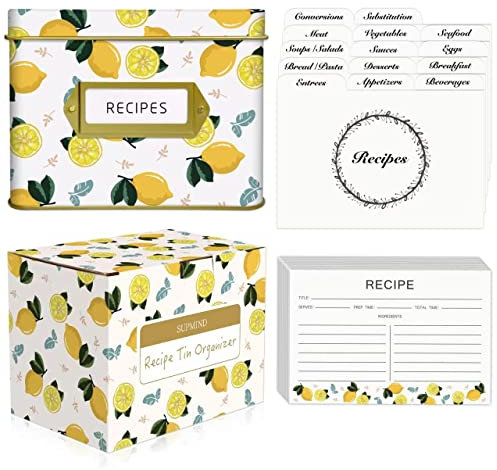 Rezeptbox, Rezeptkartenbox mit Karten und Trennwänden, dekorative Blech-Geschenkbox, 50 Rezeptkarten 10,2 x 15,2 cm, 14 Registerblätter, komplette Rezeptkarten und Box Set