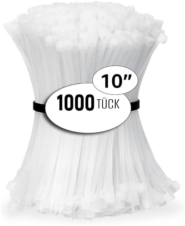 1000X Kabelbinder wiederverschließbar Weiß 250 mm, UV-beständig, 18 Kg | Nylon PA66, 3,6 mm breit, max. Bündel-Ø 54 mm; Temperaturbereich -30 bis +90 °C, für innen & außen.