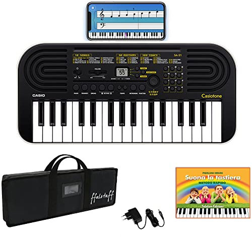 Kit Tastiera Casio SA51 (Fondo Bianco) con Alimentatore, Borsa ffalstaff ® con Tracolla e Maniglie per un Comodo Trasporto, App di Apprendimento e E-book Suona la Tastiera