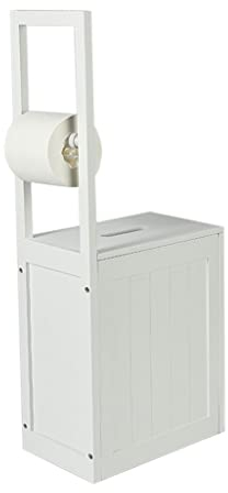 Wooden Multipurpose Toilet Roll Holder With Storage Cabinet Durable MDF Caddy Tissue Paper Free Standing Home Bath Unit Tidy Box Bathroom Organiser (White)