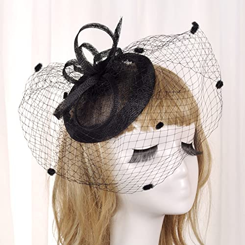 Damen Frauen Braut Haarschmuck mit Schleier Pillbox Hut elegant Netzschleier vintage Headwear Hochzeit Fascinator Haarreif Cocktail Tee Party Cosplay Fasching Kostüm Accessoires Kopfbedeckung,Schwarz