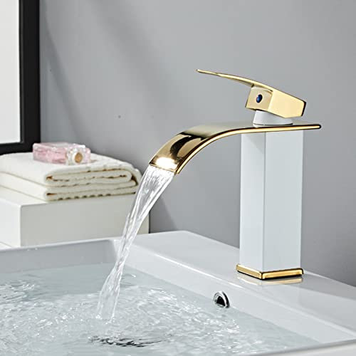 ZYCDP Rubinetto a Cascata Lavabo, Rubinetto Cascata in Acciaio inox, Acqua Calda e Fredda, Rubinetto Miscelatore Lavabo Monocomando, oro bianco, Breve