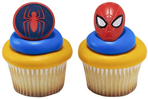 DecoPac Marvel's Spider-Man™ Spider and Mask Rings, Spider-Man Cupcake Decorations, Red and Blue Food Safe Cake Toppers – 24 Pack