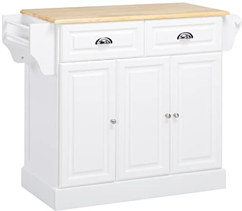 HOMCOM Isla de Cocina Carro de Cocina con Ruedas Carro Multiusos con 2 Cajones 3 Puertas Toallero y Estante para Especias para Comedor 110x45x91 cm Blanco