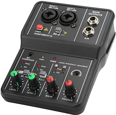 Mezclador de Audio de 2 Canales, Placa de Sonido Profesional USB 48V Phantom Power Consola de Mezcla de Sonido Pequeña Mezcla de DJ, para Grabación de Música Home Karaoke DJ