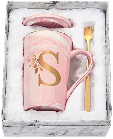 Joymaking Taza personalizada con letras taza de café con motivo de flores, nombre inicial regalos personales taza de café para mujeres novia, S - 400 ml rosa