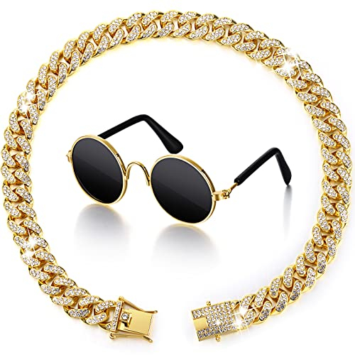 Xuniea 2-teiliges Set aus Halsband und Sonnenbrille, Strasshalsband mit sicherer Schnalle, runde Brille (Gold, Schwarz, 25,4 cm)