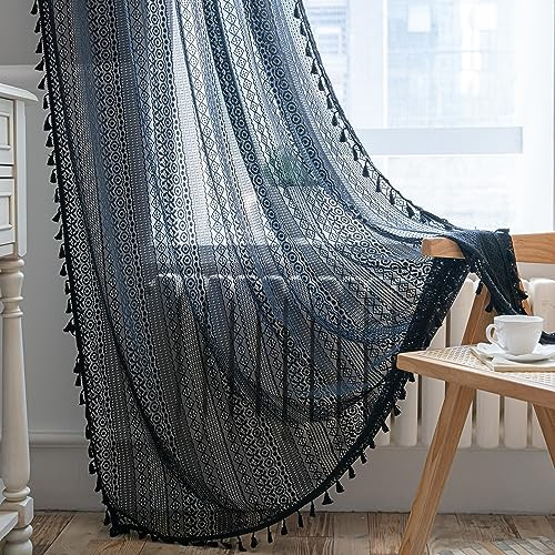 Sutuo Home Boho-Vorhang, transparente gehäkelte Spitze, handgefertigte Quasten, rustikal, Vintage, Landhaus-Stil, Schlafzimmer, Stangendurchzug, 150 x 213 cm (B x L), 1 Paneel, Schwarz