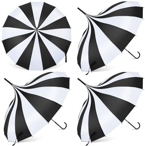Abbylike 4 Pcs Parasol Pagoda Umbrella Large Gothic Parasol for Sun Protection Women Black and White Goth Umbrella with Long Handle for UV Protection(Black and White Stripe)