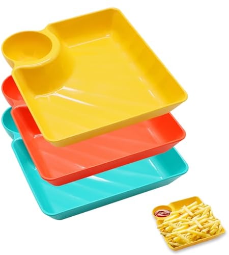 ICEBLUEOR 3 PCS Chip and Dip Serving Platter Set,Plastic Square Plates with Sauce Holder,Reusable Snack Dumpling Plates with Dip Bowl,Serving Trays Platters for Home Party Entertaining Buffet(7 Inch)