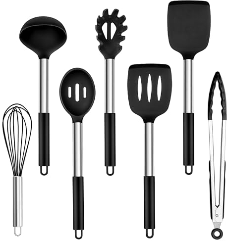 Homikit Küchenhelfer, 7 Stück Silikon Küchenutensilien Kochutensilien Set mit Edelstahlgriff, Schwarz Antihaft Hitzebeständiger Kochbesteck zum Kochen, Ungiftig, Leicht zu Reinigen & Spülmaschinenfest