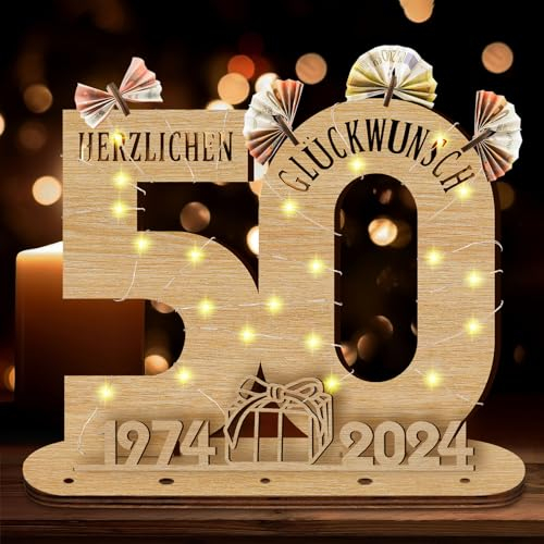 Idota 2025 50 Geburtstag Frau Holz-Schild mit LED Gästebuch Geburtstag Geldgeschenke Geburtstag Männer & Frauen, Geburtstag Deko 50 Geburtstag Mann Deko, Personalisierbares Geschenk