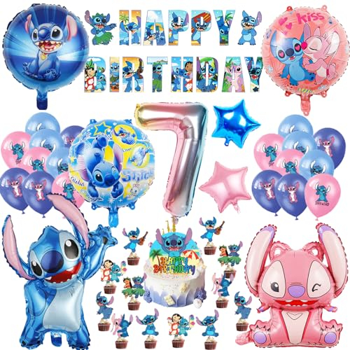 Oirigaga 44 Stück Geburtstagsdeko Set für 7 Jahre Jungen Mädchen, Kinder Geburtstag Luftballons, Cartoon-Stch Party Deko Helium Ballons Folienballons mit Happy Birthday Banner und Tortendeko