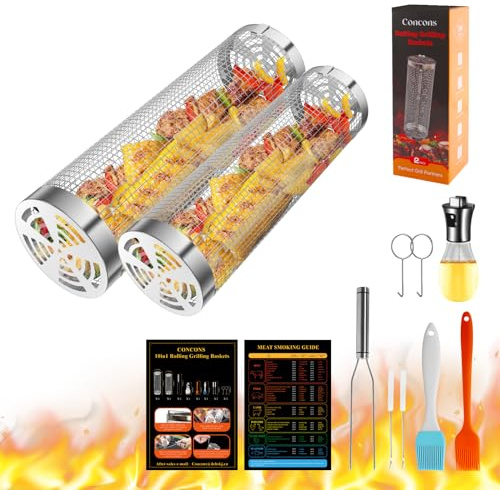 Rollender Grillkorb, Grillkorb, 2 Stück, zylindrischer Edelstahl, großer runder Grillkorb, tragbarer Outdoor-Camping, BBQ-Netzrohr für Gemüse, Fisch, Gemüse, Grillzubehör, Geschenke für Männer