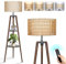 OUTON Lampadaire Trepied Bois Dimmable, Lampe sur Pied Soutien 4 Temperatures de Couleur et Fonction Memoire, Lampadaire Rotin Etagere avec Abat-Jour en Lin, pour Salon et Chambre a Coucher (Noyer)