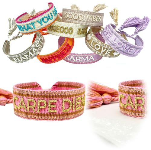 LS-LebenStil Exklusives Statement Armband Quasten besticktes Boho Canvas Webarmband (Carpe Diem Rose Gold)