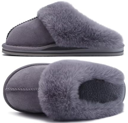 KuaiLu Womens Fuzzy Shearling Slippers Ladies Cosy Memory Foam Warm Winter Clog Slippers Slip on Comfy Orthotic Arch Support House Shoes with Non-Slip Indoor Outdoor Hard Sole Grey Size 5