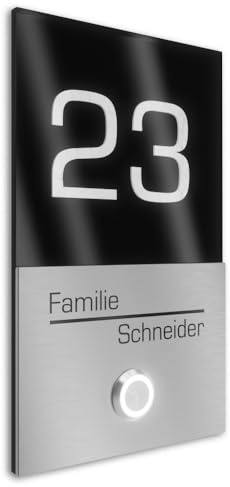 Graviers Design V2A sonnette de porte en acier inoxydable avec gravure de nom et numéro de maison - 110x180mm bouton LED plaque design moderne acrylique noir