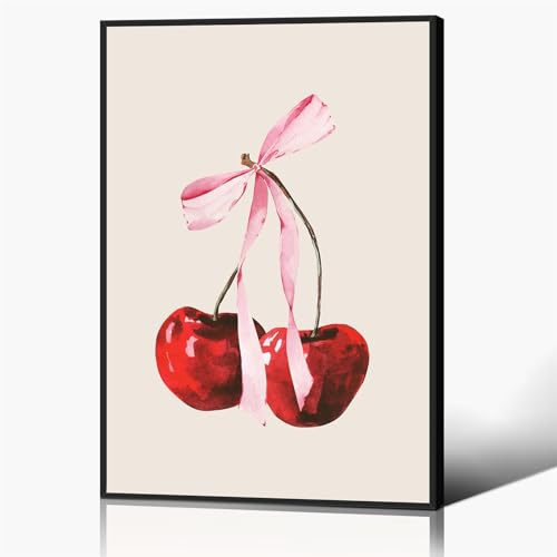 Red Cherry Canvas Wall Art, Cherry Pink Bow Poster for Girl Bedroom, Coquette Feminine Poster, Trendy Bow Art, Preppy College Apartment Print, Coquette Girly Wall Art for Bedroom 12x16in Framed
