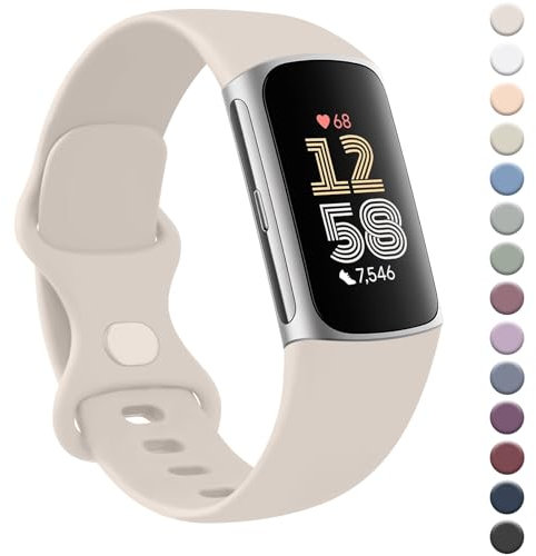 AK Strap for Fitbit Charge 6/5 - Silicone Sport Classic Soft Replacement Band for Women Men (Small, Starlight)