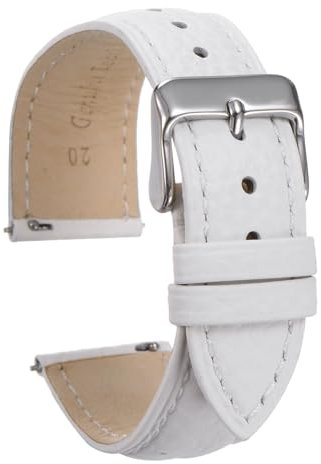 sourcing map Genuine Leather Watch Bands 20mm Flat Quick Replacement Cowhide Leather Watch Strap Elegant Women Men Watch Strap with Stainless Buckle Clasp for Classic SmartWatch, White