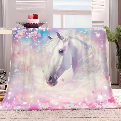 Flauschige Kuscheldecke 150x200 cm, Weiche Flanell Sofadecke mit Pferd Mit Tiermotiv, Waschbare Decke für Kinder, Jungen & Erwachsene, Warme Tagesdecke