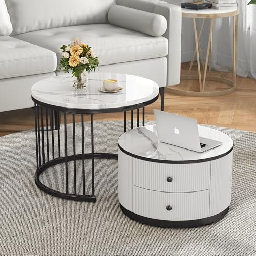 Wyibwy Couchtische 2er-Set, runder Beistelltisch mit Marmor-Optik, Couchtisch mit 2 Schubladen, kombinierter Beistelltisch, 60 x 60 x 45,5 cm + 50 x 50 x 32 cm, Weiß und Gold 1