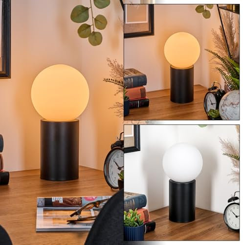 HOFSTEIN Tischleuchte Gastor, Tischlampe aus Metall/Glas in Schwarz/Weiß/Milchglas, Leuchte im Retro/Vintage-Design mit Glasschirm (Ø 15cm), E14, Wohnzimmer, Schlafzimmer, Flur, Büro, Kinderzimmer