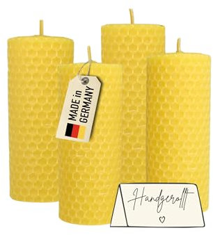 Wachsmann Stumpenkerzen 4er-Set, 100% Bienenwachs, handgerollt, Made in Germany, Bienenwachskerzen mit je 6 Stunden Brenndauer, Honigkerzen für Windlichter (4 x 10 cm)
