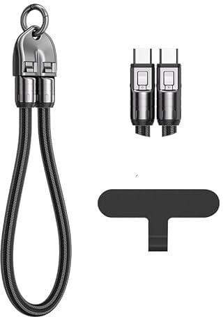 2-in-1 Mobile Phone Lanyard Multi Charger Cable 240W 5A Type C USB Keychain Fast Charging Universal PD for Apple iPhone Lightning Android QC Data Cell 2in1 (Black, 0.3m)