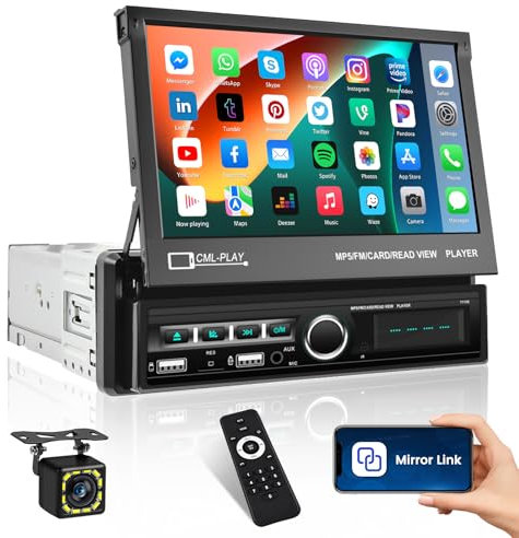 Inefala Autoradio 1 Din avec Écran Motorisé, 7 Pouces Écran Tactile Poste Radio Voiture Bluetooth avec Mirror Link Caméra Arrière Micro Télécommandé, USB SWC Radio FM