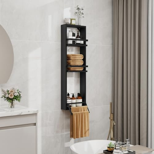 ZealWe Wandregal aus Holz und Metall mit Handtuchhalter, Badezimmerregal Schweberagel Regal Wand 30cm zur Aufbewahrung für Wohnzimmer, Schlafzimmer, Büro, Badezimmer oder Küche (Schwarz)