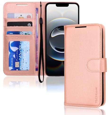 TECHGEAR iPhone 16e / 17e Leather Wallet Case with RFID Blocking, Flip Cover Card Holder, Stand & Wrist Strap - Magnetic Closure Rose Gold PU Leather Protective Cover for iPhone 17e / 16e