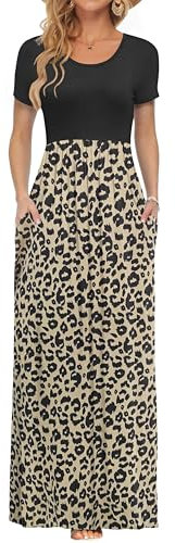 AUSELILY Damen Kurzarm Sommer Casual Long Maxi Kleider mit Taschen New Schwarzer Leopard M