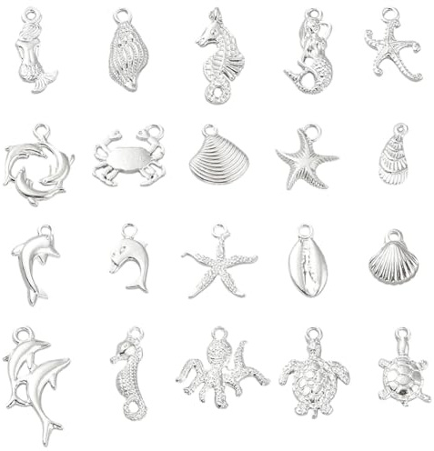 SUNNYCLUE 1 Box 100 Stück 20 Stile Meerestier Anhänger Meereslebewesen Anhänger Sommer Tibetische Muscheln Fische Schildkröten Silberne Ozean Anhänger Für Schmuckherstellung Zubehör DIY Basteln Halske
