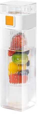 Wasserflasche mit Fruchteinsatz, quadratische auslaufsichere Flasche mit Fruchteinsatz für Reisen, Sport-Trinkflasche für Fitnessstudio und Outdoor-Aktivitäten