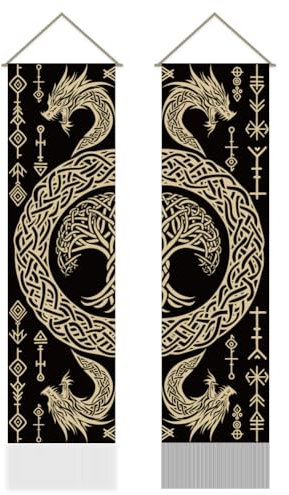 AHANDMAKER 2er Pack Wandteppiche Mit Lebensbaum Motiv Wikinger Drachenrune Vertikal Langer Wandteppich Ästhetischer Mythologie Wandbehang Für Schlafzimmer Und Wohnzimmer 13 x 51 Zoll