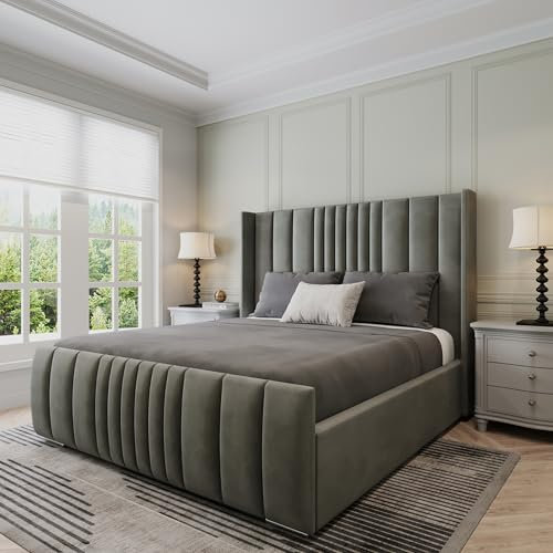 Furnishion Manhattan Super King Bed with Mattress Included, 6ft Luxury Plush Velvet Upholstered Panelled Design, Modern Super King Size Bed with Mattress, Premium Beds & Mattresses Set in Grey Plush