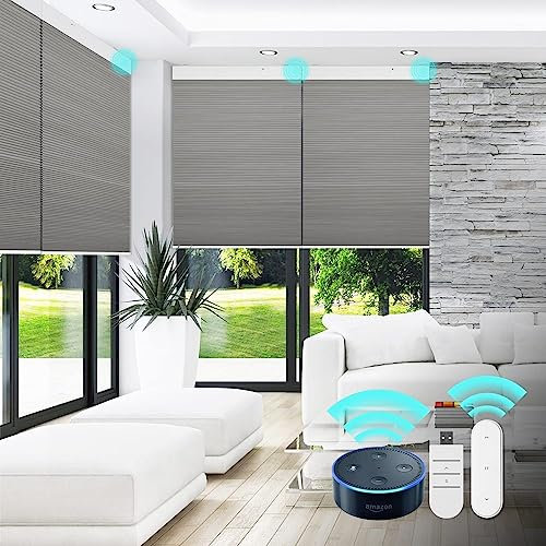Grandekor Elektrische Jalousien,Wabenplissee Plissee Verdunklung ohne Bohren 47x120cm(B x H) Dunkelgrau-Weiß wärmeisolierter Smart-Rollo mit Trockenbatteriebetrieben