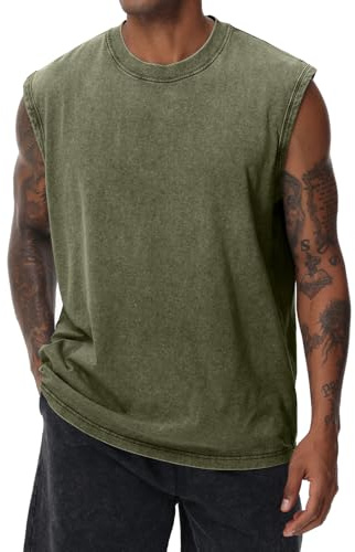 Camiseta de manga corta de verano para hombre, HOUZONIY, para fitness sin mangas, chaqueta, camiseta sin mangas lavada, para entrenamiento, gimnasio, algodón, Verde militar., XXL