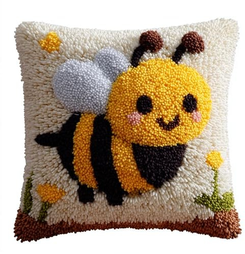 AxiangziK Cartoon-Tiere DIY knüpfen set erwachsene knüpfkissen,Süße Biene,Knüpfhaken-Kissen-Set,bedruckte Leinwand für Anfänger,Stickerei,Bastelkissen,17x17in